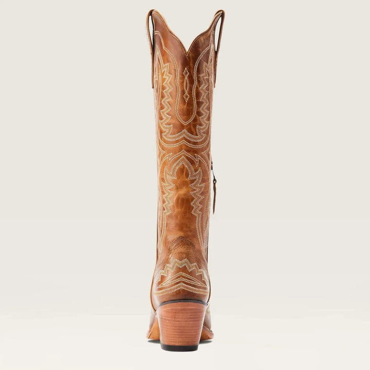 Top view of women's patterned tall boots. Showcases elegant design, zip closure, and sturdy stacked heel.