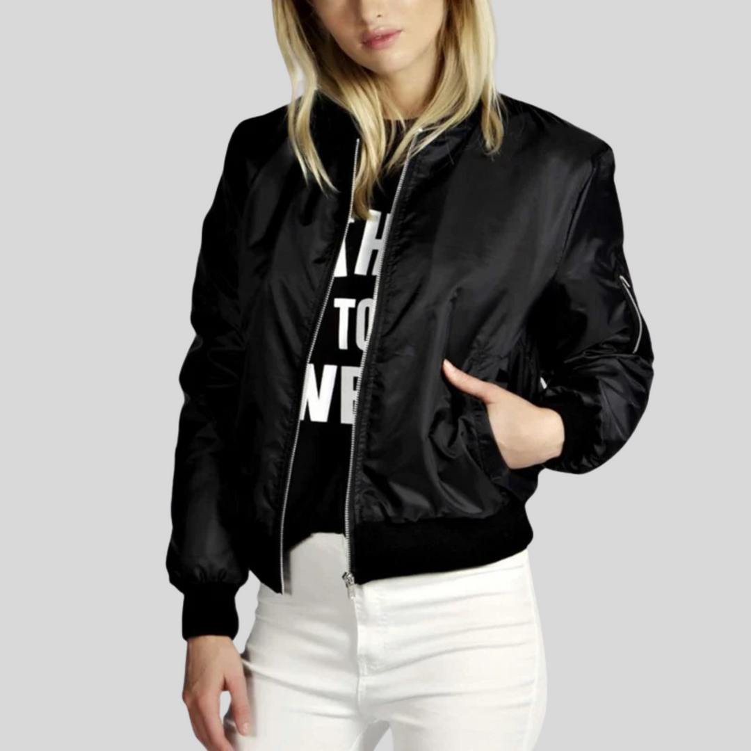 Stylish women's ribbed trim bomber jacket. Perfect casual everyday outerwear for spring and fall fashion.