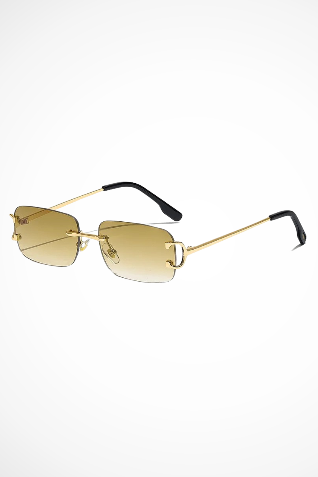 Minimalist women's rimless rectangular sunglasses featuring tinted lenses and chic gold frames for modern eyewear.