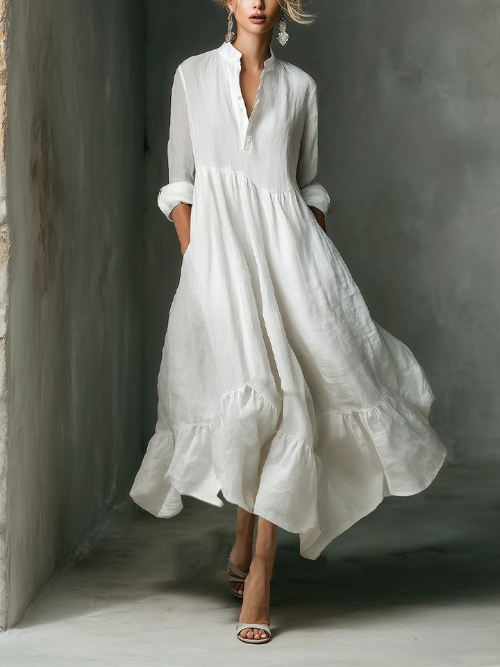 Stylish women's ruffle hem button-front maxi shirt dress in a flowing fabric, perfect for casual elegance.