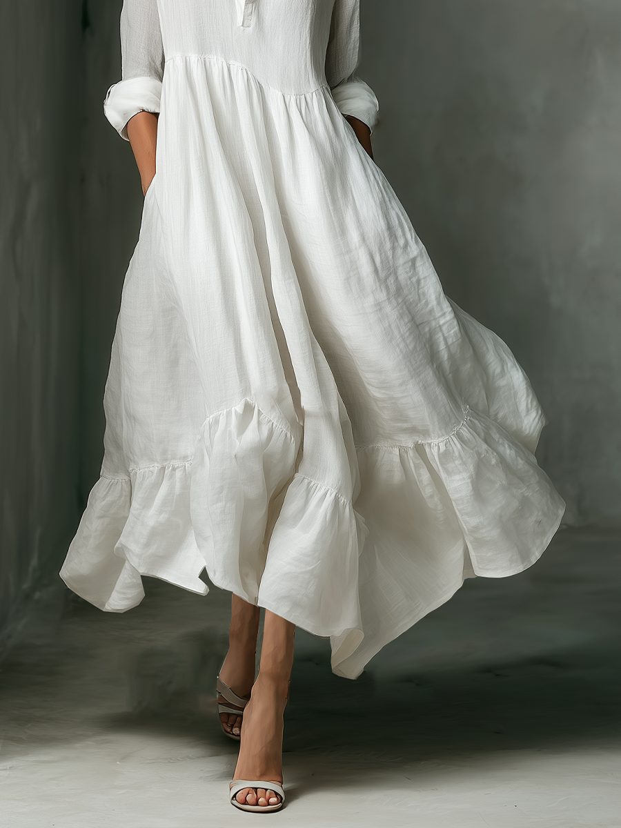 Casual women's long maxi shirt dress with a full button front and fashionable ruffle hem, a comfortable outfit.