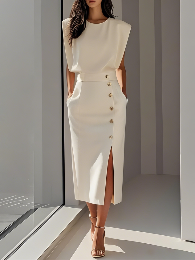 Stylish women's sleeveless side button midi dress, perfect for summer casual wear.