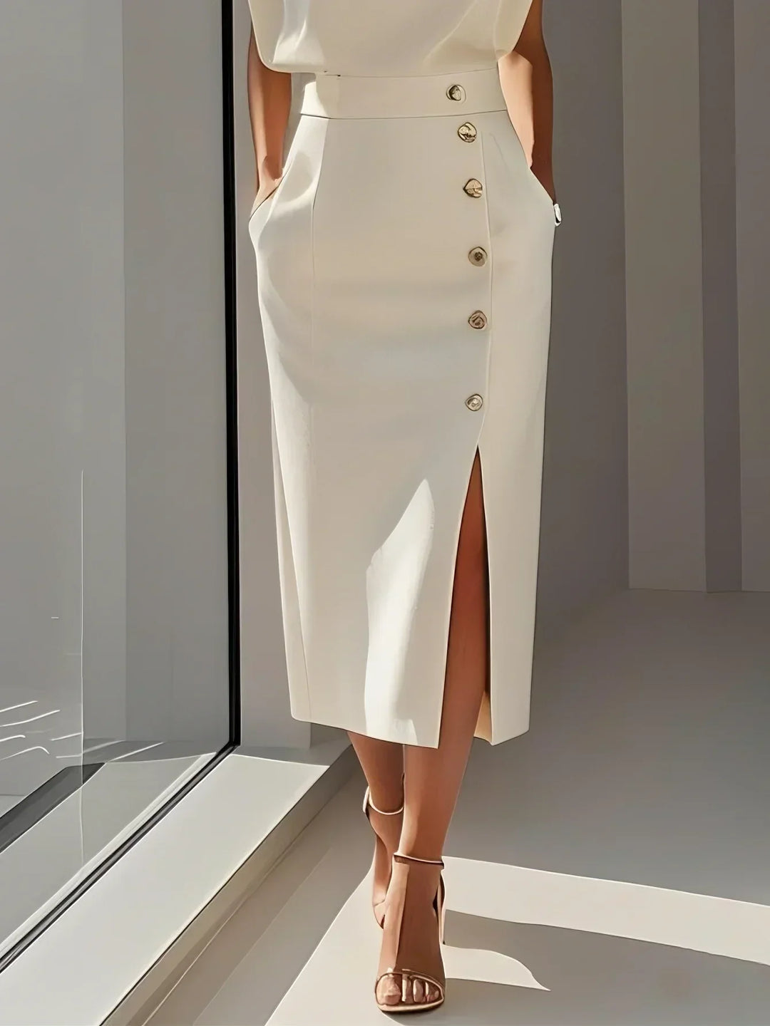 Full length shot of a woman in a trendy sleeveless midi dress with distinctive side button details.