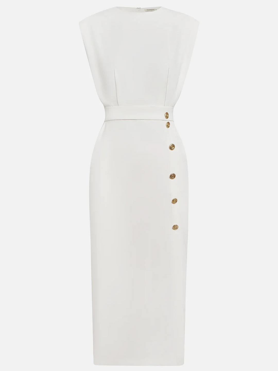 Stylish women's round neck sleeveless midi dress with a side button closure, ideal for office or leisure.