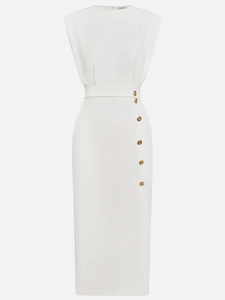 Stylish women's round neck sleeveless midi dress with a side button closure, ideal for office or leisure.
