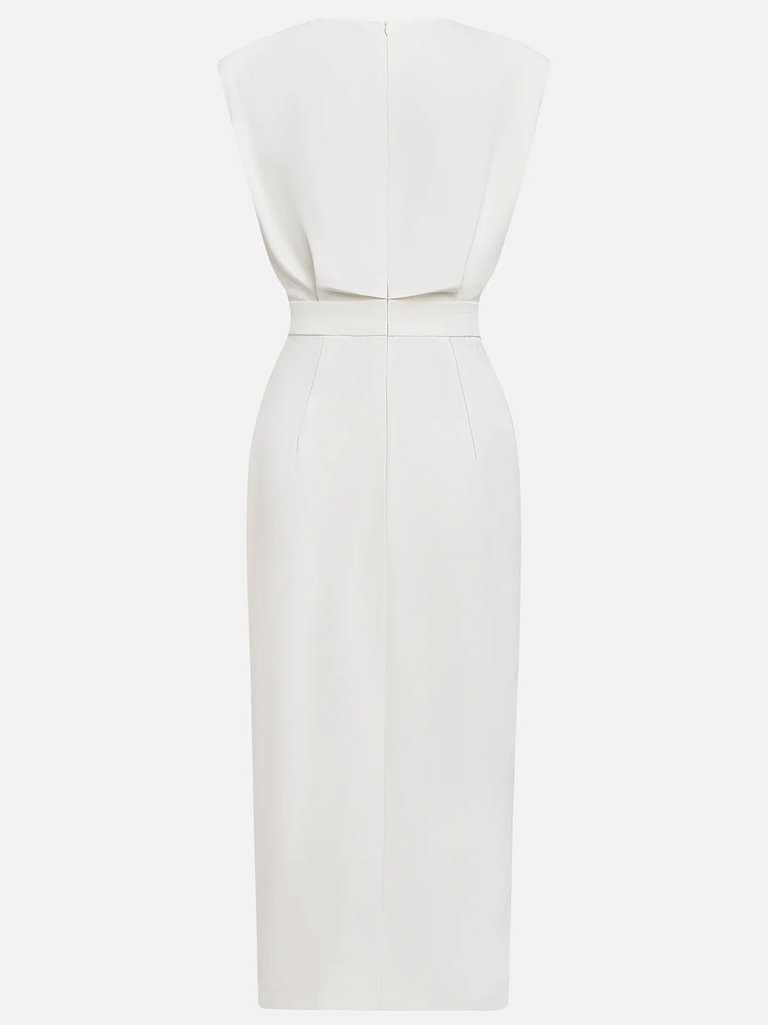 Elegant women's summer midi dress, sleeveless, featuring unique side buttons & flattering silhouette.