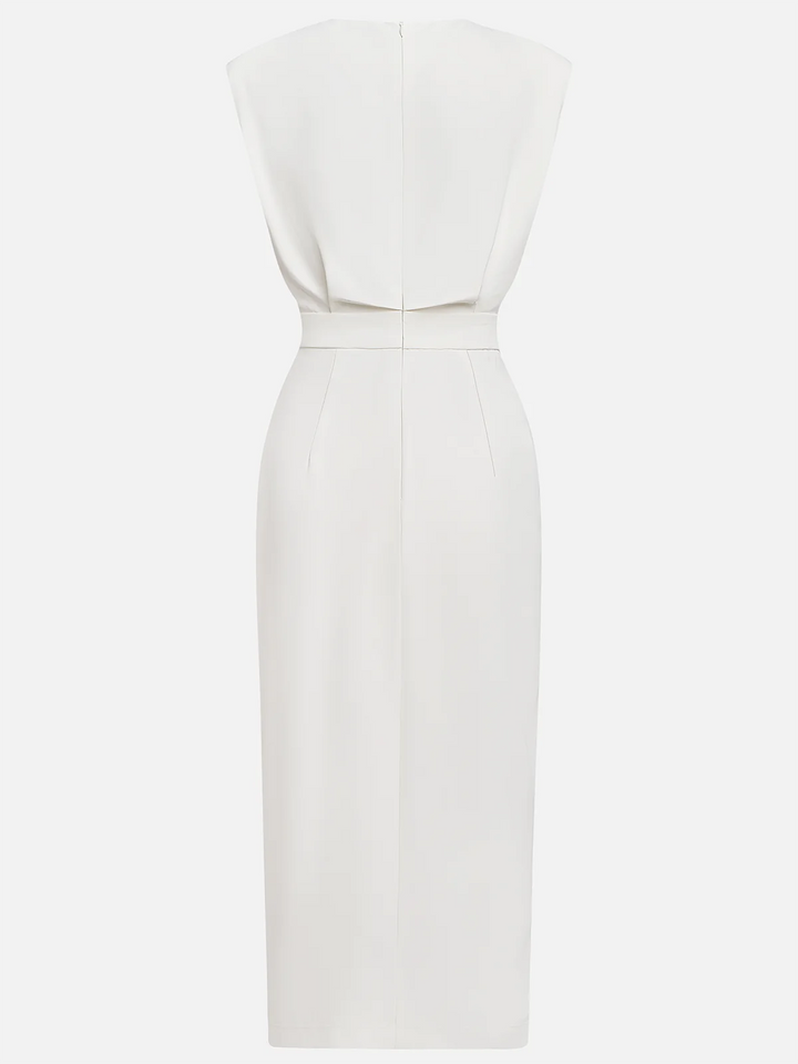 Elegant women's summer midi dress, sleeveless, featuring unique side buttons & flattering silhouette.