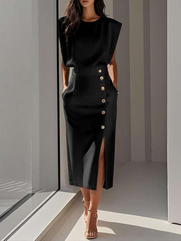 Elegant women's sleeveless midi dress with unique side buttons, ideal for chic workwear fashion.