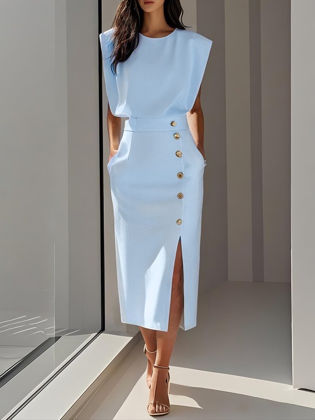 Casual women's round neck sleeveless midi dress, featuring a flattering front slit & side buttons.