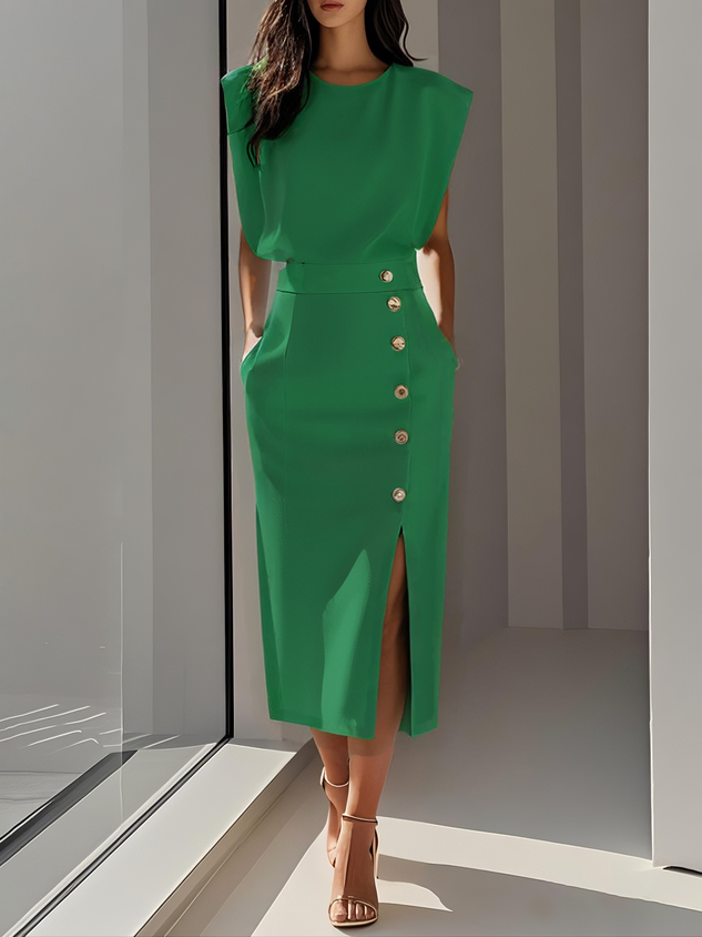 Versatile women's sleeveless midi dress, black, with decorative side buttons & a chic design.