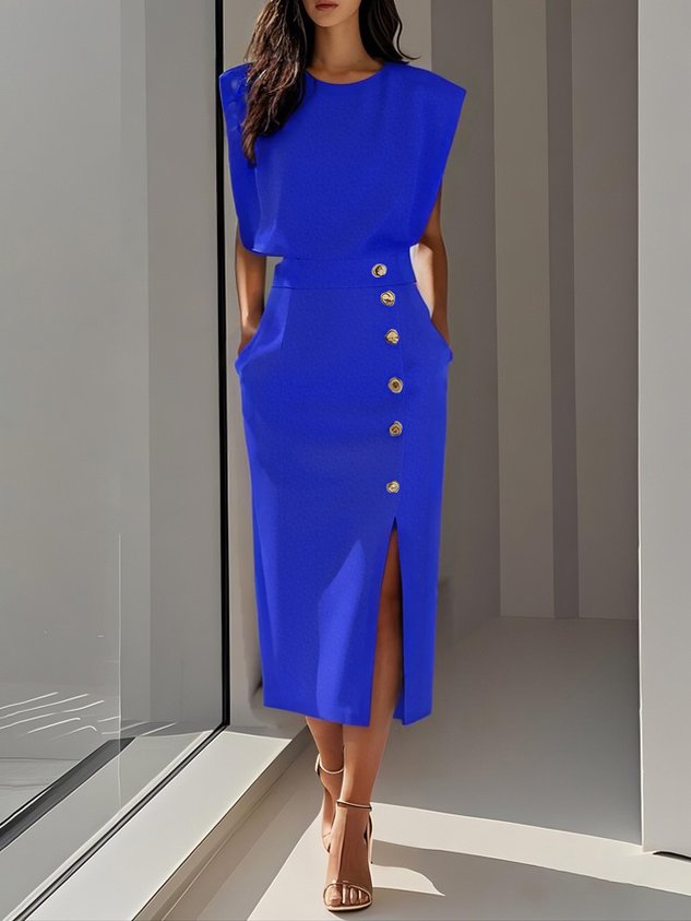 Front view of a women's sleeveless midi dress, round neck, side buttons, and a stylish slit.