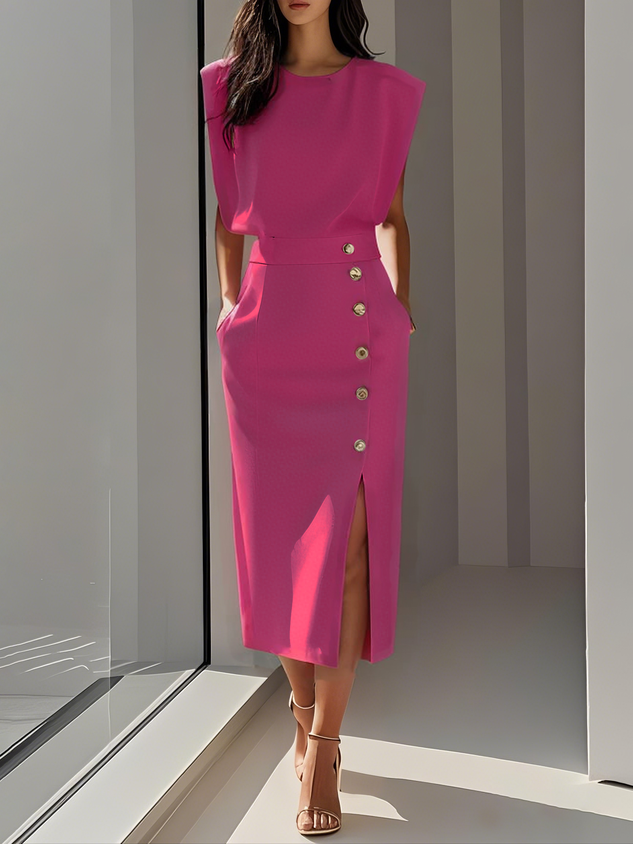 Comfortable women's sleeveless midi dress with convenient side buttons, great for everyday casual style.