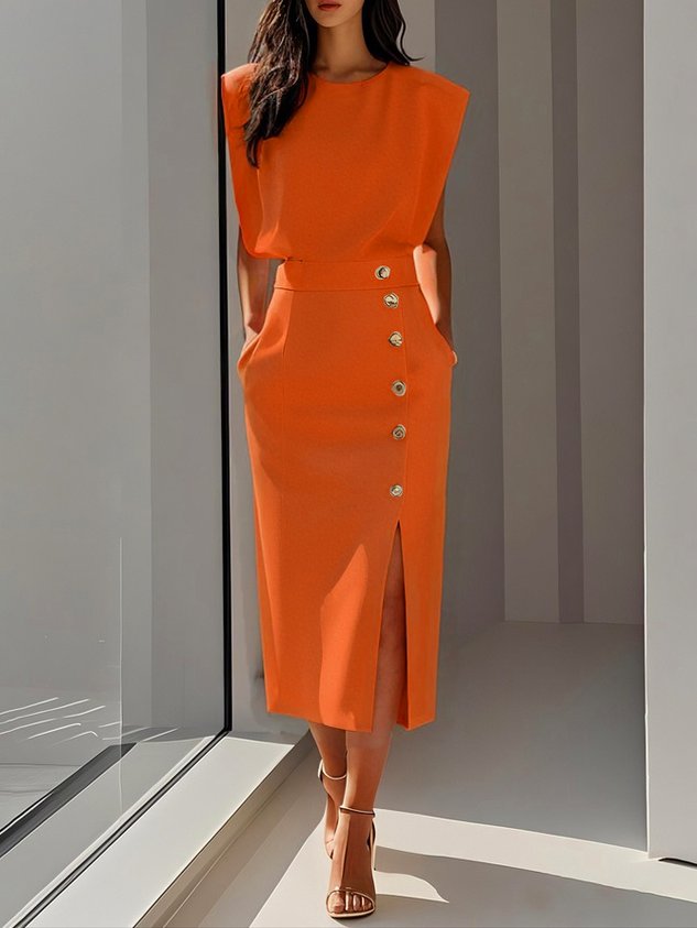 Summer-ready women's sleeveless midi dress, light fabric, side buttons & comfortable round neck.