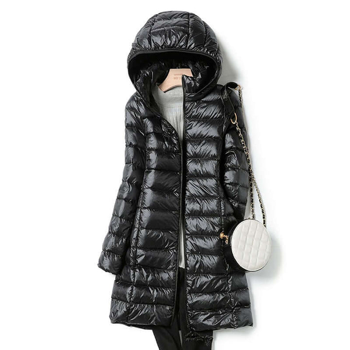 Comfortable women's ultralight travel jacket, a warm leisure zip-up for winter outerwear & casual style.