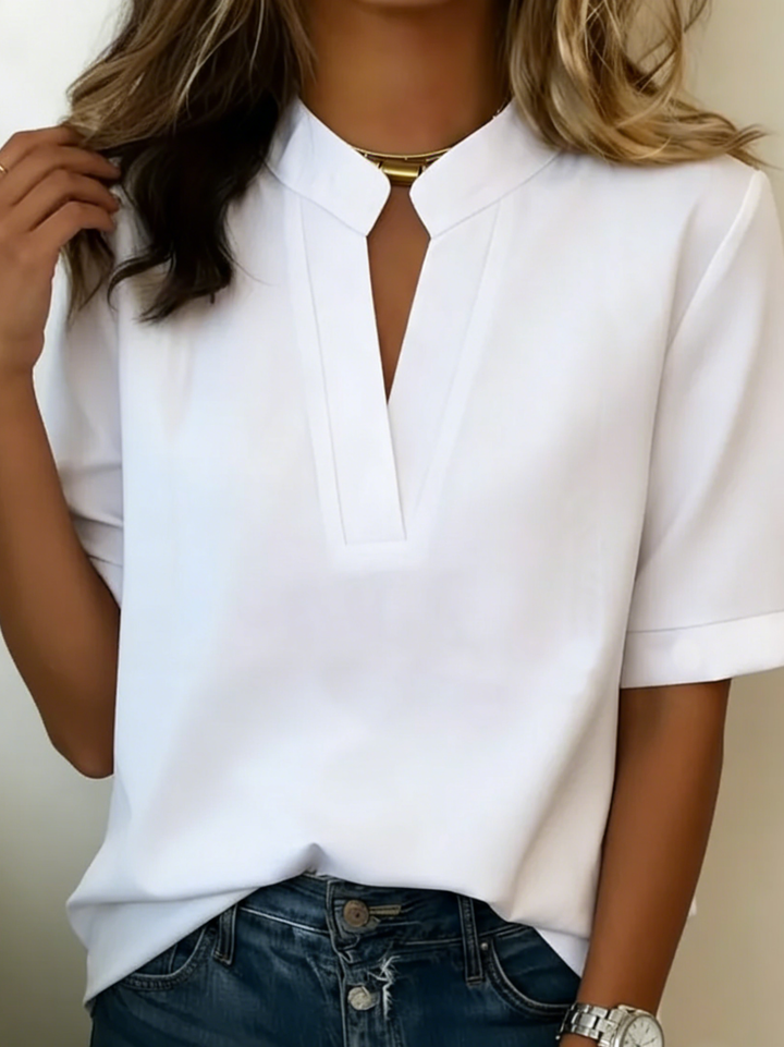 Soft fabric women's V-neck short sleeve blouse, a comfortable and stylish choice for casual ladies wear.