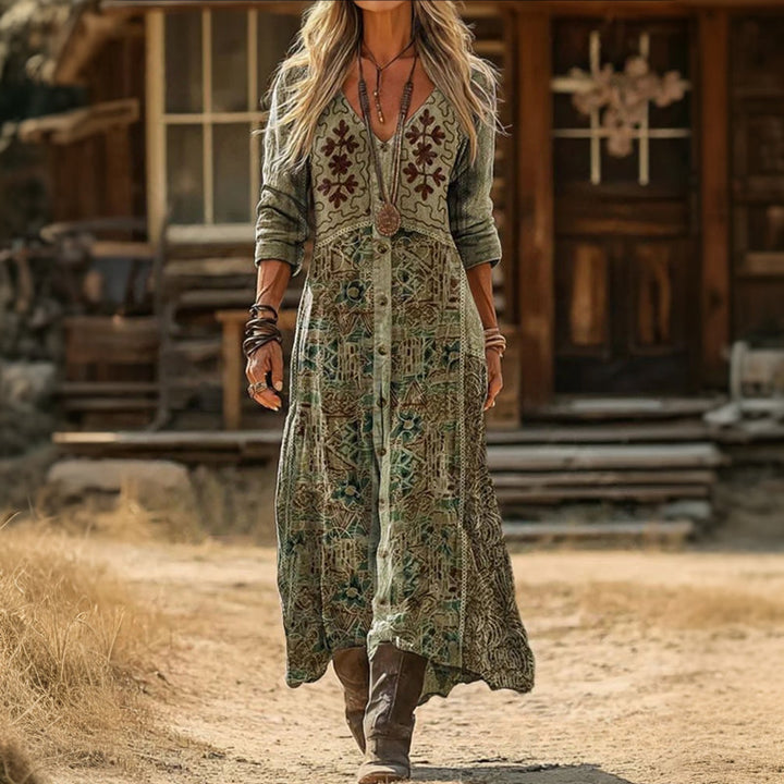 Stylish women's vintage long sleeve V-neck casual dress with a multicolor boho print, perfect for spring/summer.