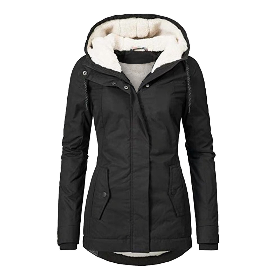 Stylish women's warm hooded winter jacket with drawstring, perfect for cold weather outerwear. Features pockets.
