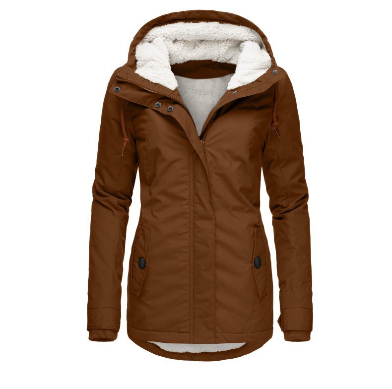Warm women's winter coat, hooded jacket with drawstring waist. Ideal outerwear, providing comfort and practical pockets.