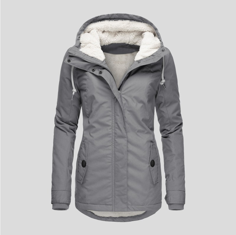 Chic women's stylish hooded winter jacket, featuring a flattering drawstring waist and practical pockets for daily wear.