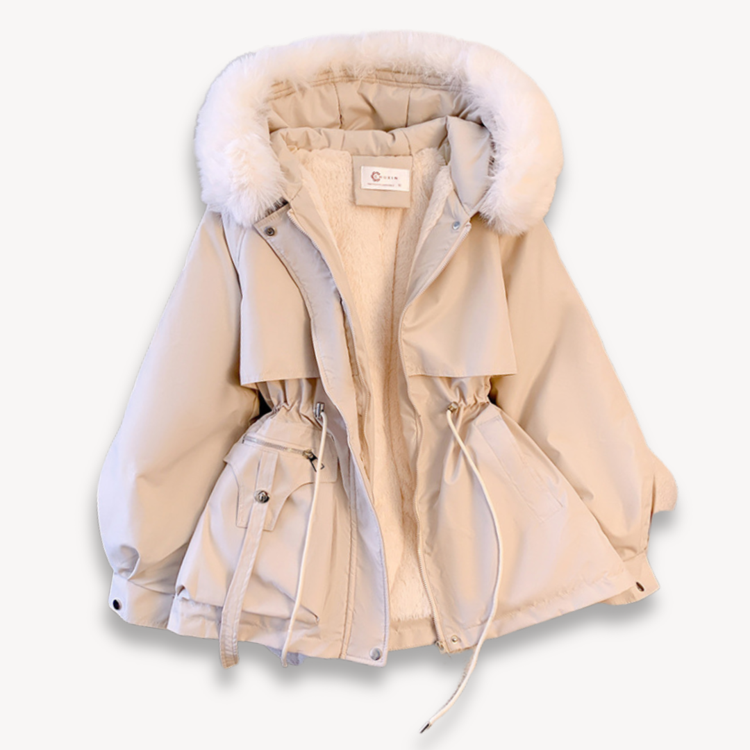 Stylish women's warm winter parka with removable hood, perfect for cold weather. Cozy and chic outerwear.