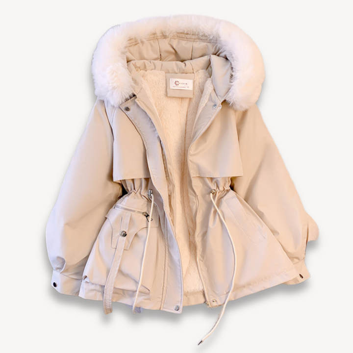 Cozy women's winter parka, fashionable and warm, featuring a removable hood and adjustable waist for comfort.