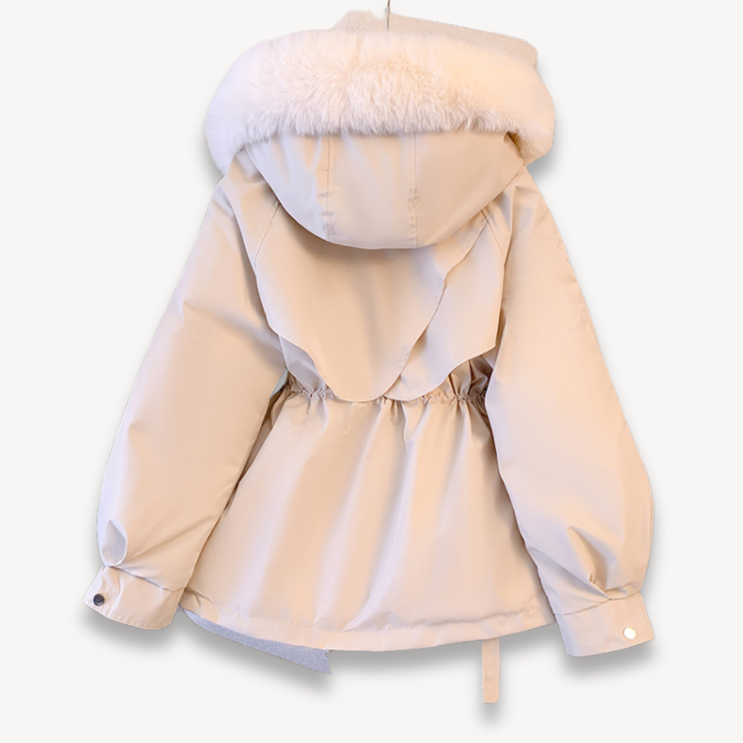 Chic women's winter coat, a warm jacket with removable hood, ideal for cold weather fashion and comfort.