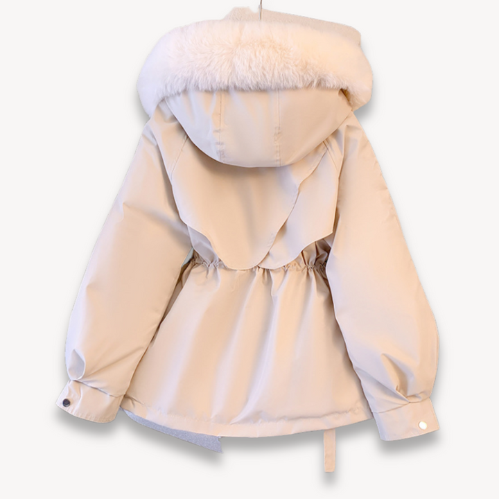 Chic women's winter coat, a warm jacket with removable hood, ideal for cold weather fashion and comfort.