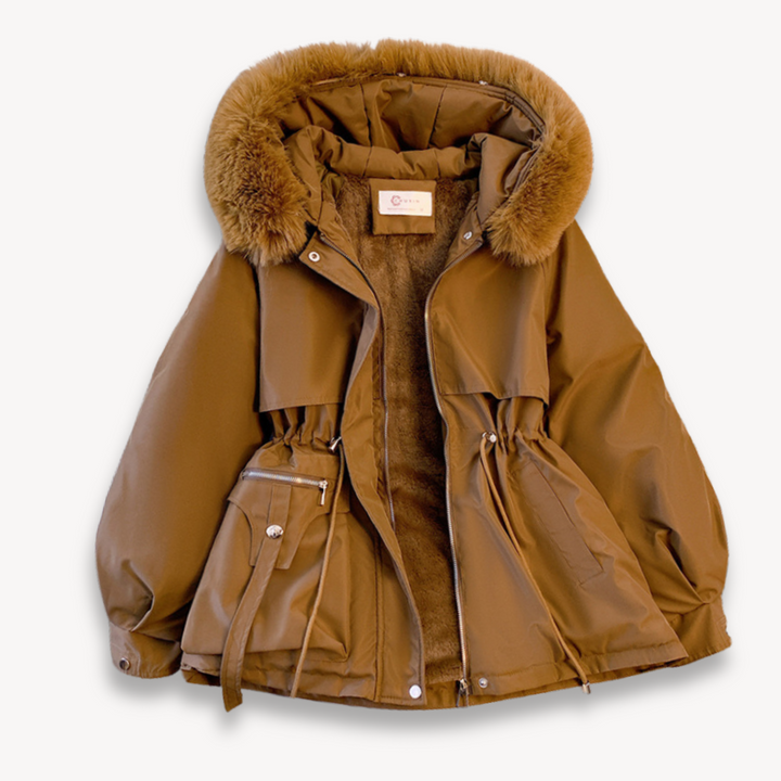 Women's warm parka, stylish winter coat with removable hood & adjustable waist. Cozy, chic cold weather outerwear.