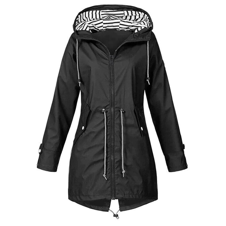 Fashionable women's waterproof rain jacket with durable fabric. Ideal lightweight hooded outerwear for travel & daily wear.
