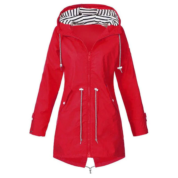Lightweight women's waterproof rain jacket for hiking & outdoor adventures. Hooded design offers excellent weather protection.