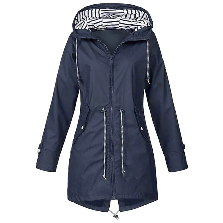 Packable women's waterproof rain jacket, a stylish windbreaker for travel. All-season outdoor coat for unpredictable weather.