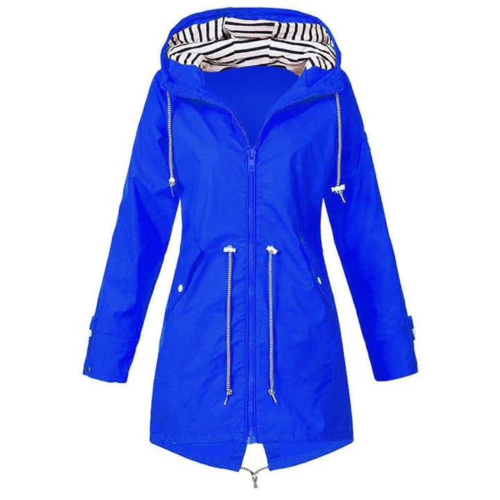 Comfortable women's hooded rain jacket with full waterproof protection. Breathable and lightweight for active outdoor wear.