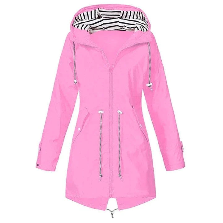 Durable women's waterproof and windproof rain jacket. All-season hooded outerwear ensures maximum weather protection.