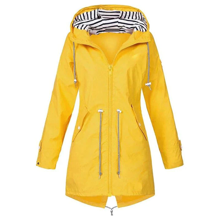 Practical women's waterproof rain jacket with adjustable hood & secure pockets. Essential lightweight outdoor gear.