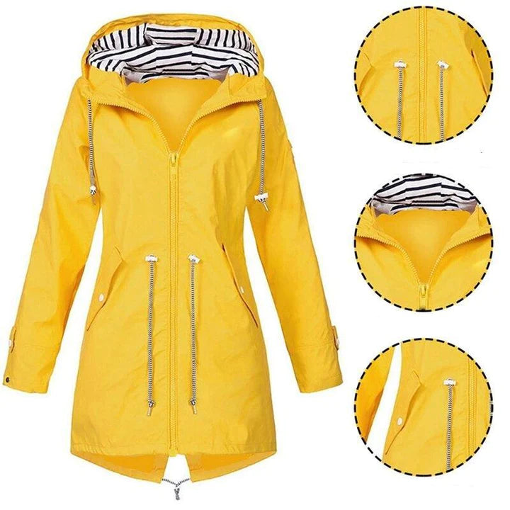 Versatile women's waterproof rain jacket. Stylish windbreaker and coat for all-season travel or casual outings.