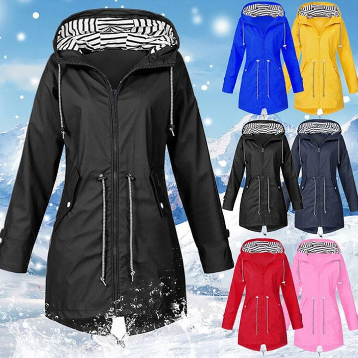Women's waterproof rain jacket, stylish and lightweight. Essential hooded outdoor protection for women's outerwear.