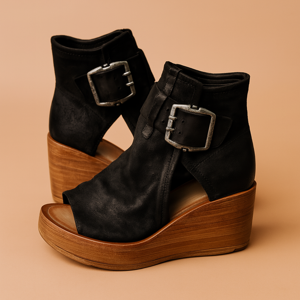 Stylish women's wedge sandals with a large buckle. Comfortable platform summer shoes for casual & evening wear.