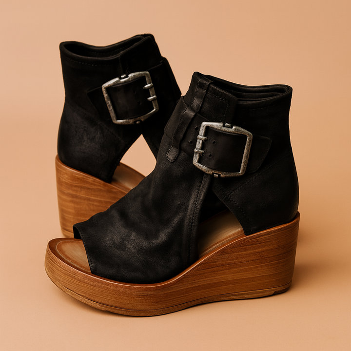 Stylish women's wedge sandals with a large buckle. Comfortable platform summer shoes for casual & evening wear.
