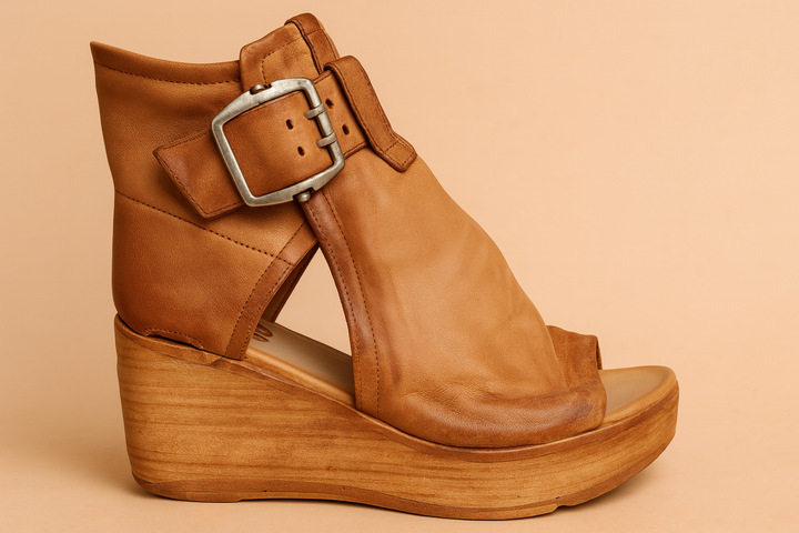 Fashionable women's platform sandals with a prominent large buckle. Chic wedge heel for stylish summer footwear.