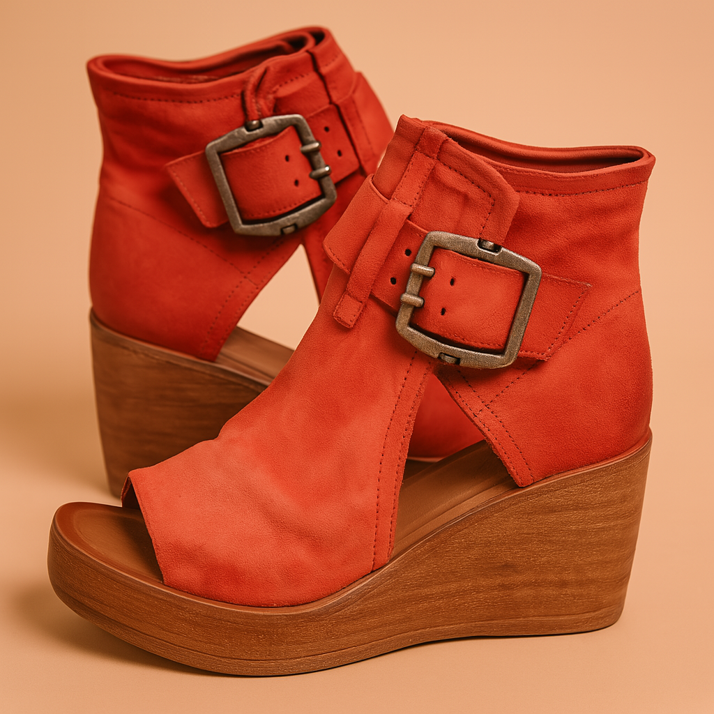 Elegant women's wedge sandals, featuring a large buckle & comfortable platform. Stylish summer shoes for any occasion.