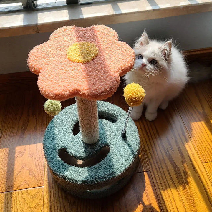 Sunflower cat scratching post with durable sisal rope, ideal for feline play and healthy claws.