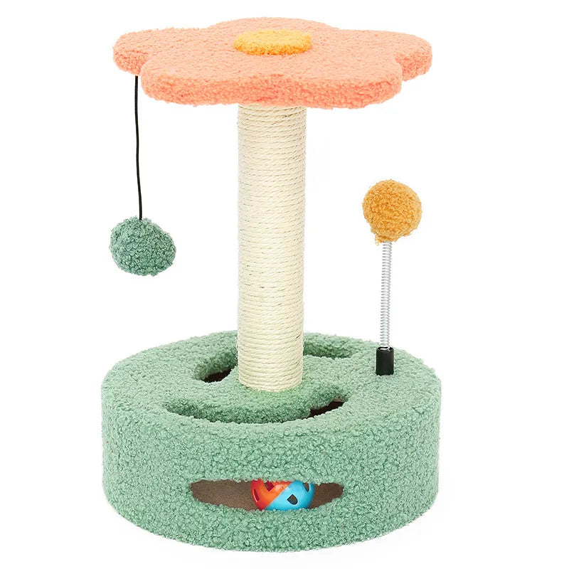 Interactive sunflower cat scratcher featuring a playful toy for endless feline entertainment.