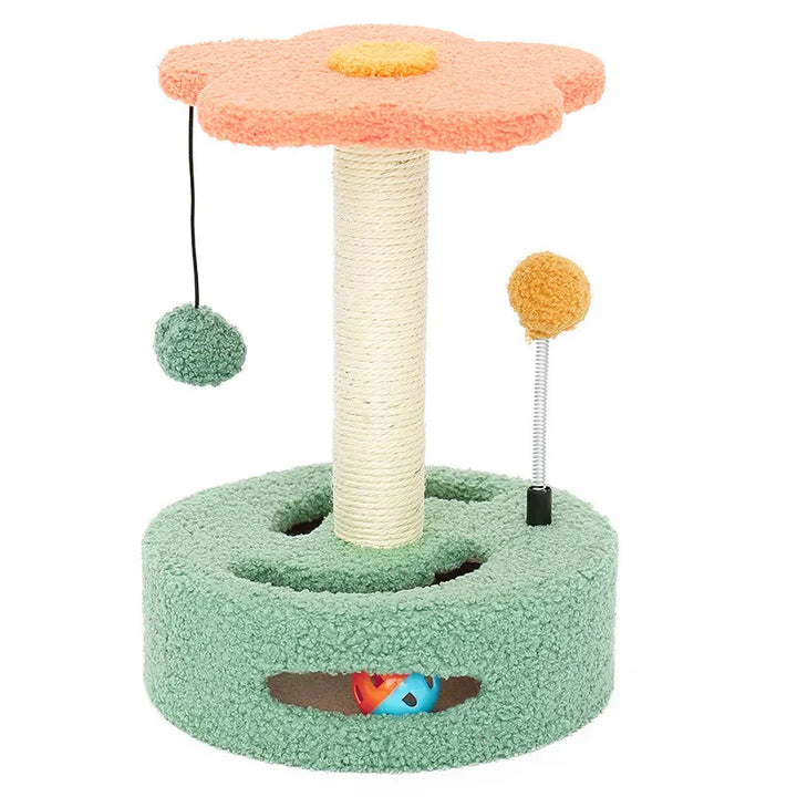 Interactive sunflower cat scratcher featuring a playful toy for endless feline entertainment.