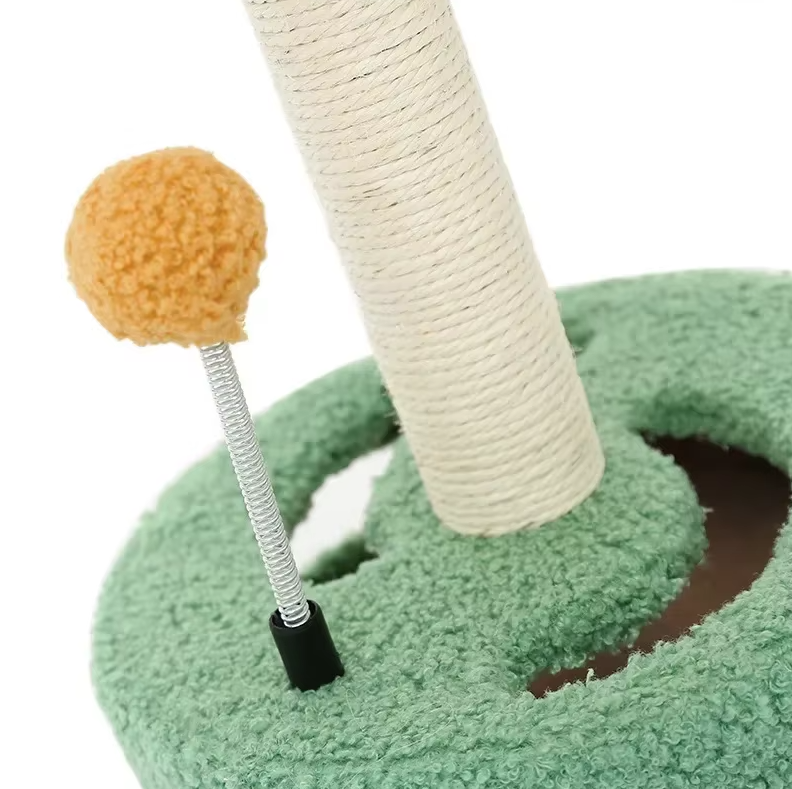 Feline-friendly sunflower scratcher with an interactive toy, encouraging natural scratching behavior.