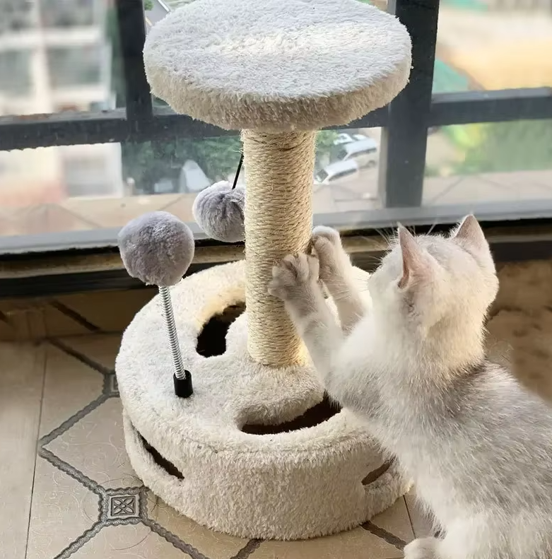 Vertical sunflower cat scratching tower, providing a dedicated space for feline claw maintenance.