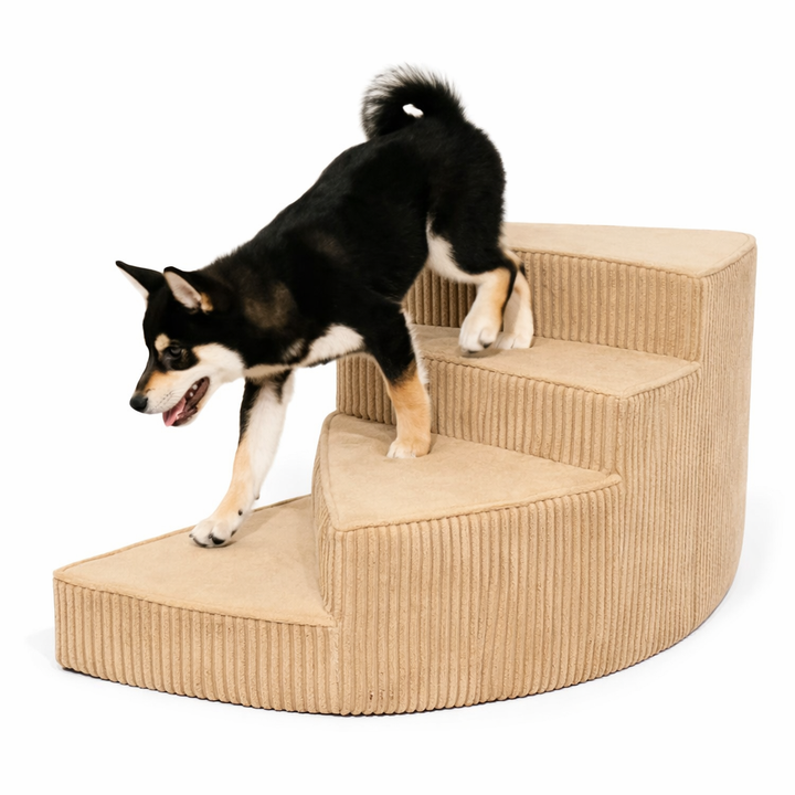 Beige foam dog steps, a non-slip mobility aid for senior pets.
