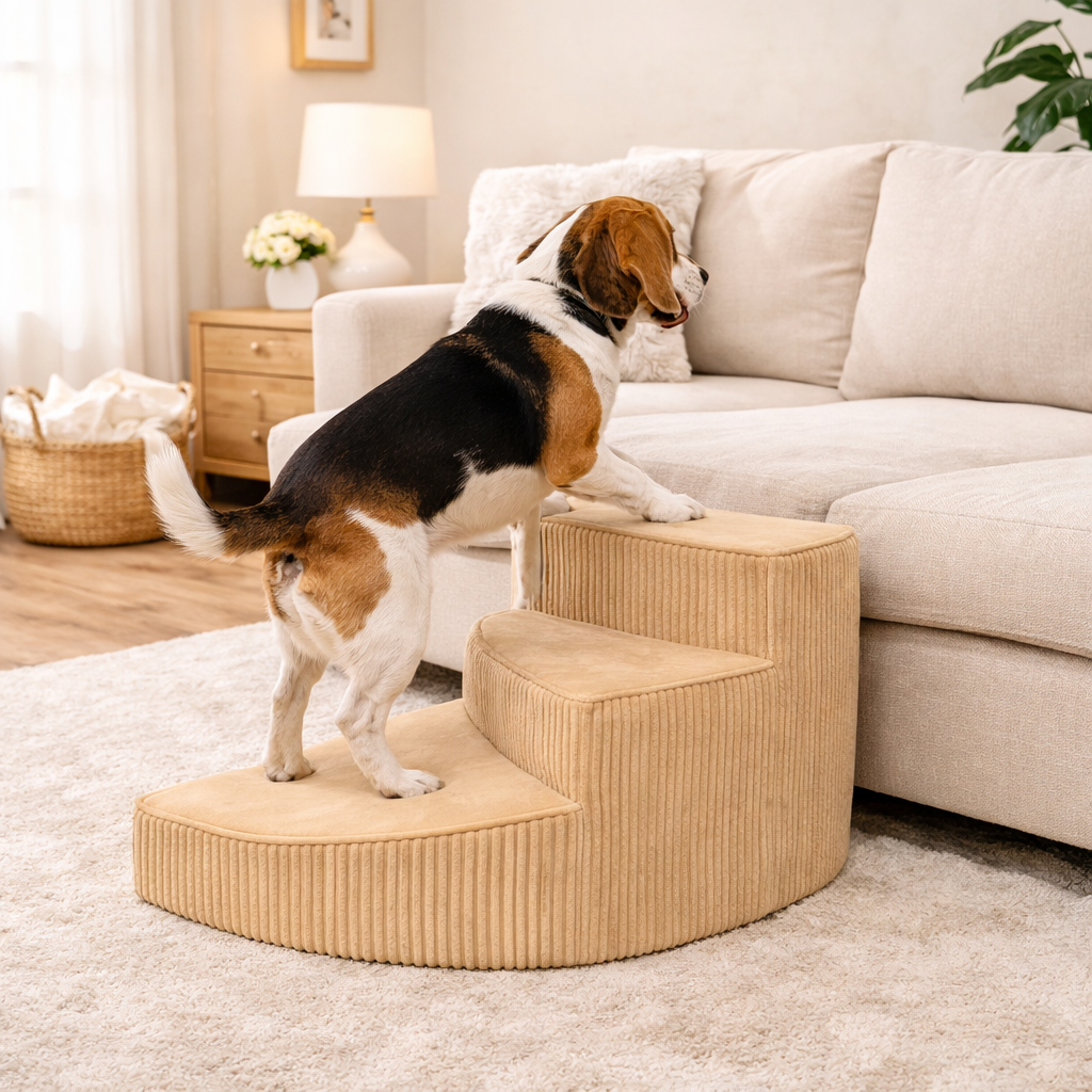 Pet stairs with washable cover, offering joint support for small dogs.