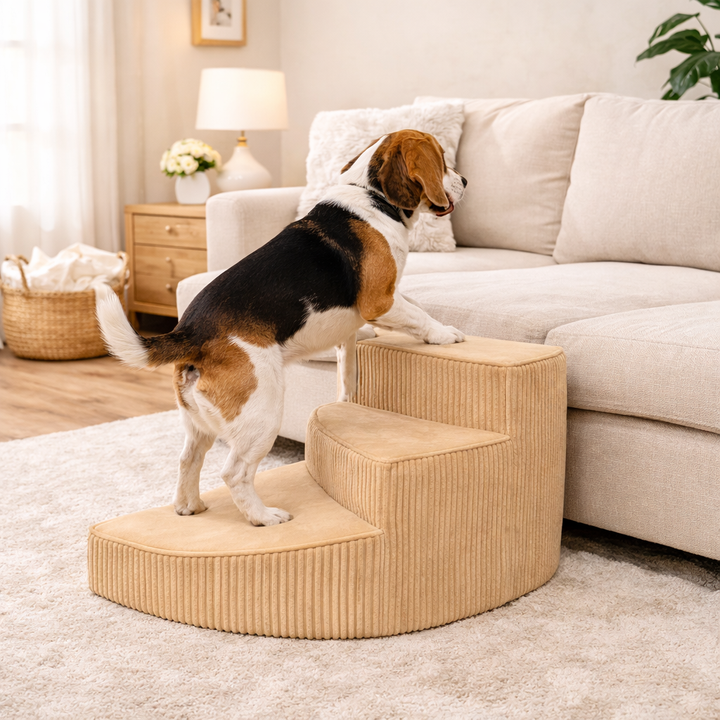 Pet stairs with washable cover, offering joint support for small dogs.