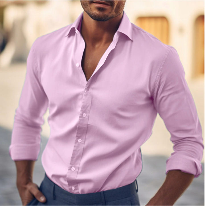 Premium men's dress shirt, tailored fit, long sleeve. Classic collar, offering refined formal style.