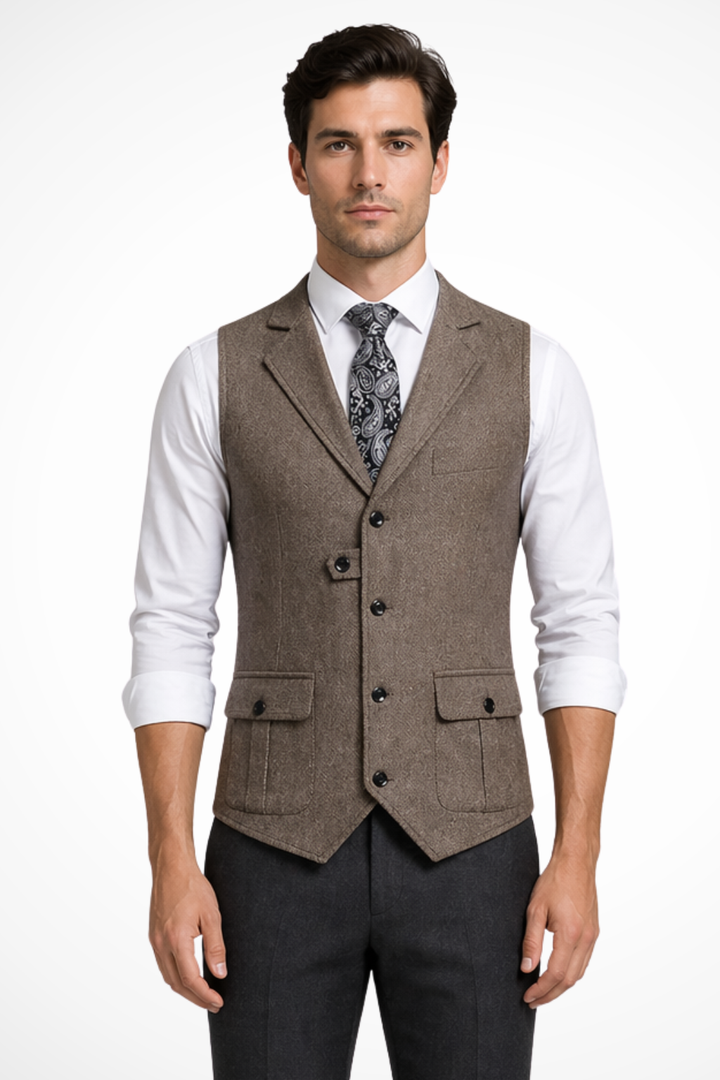 Tailored fit men's herringbone wedding waistcoat for groomsmen. Elegant formal attire.